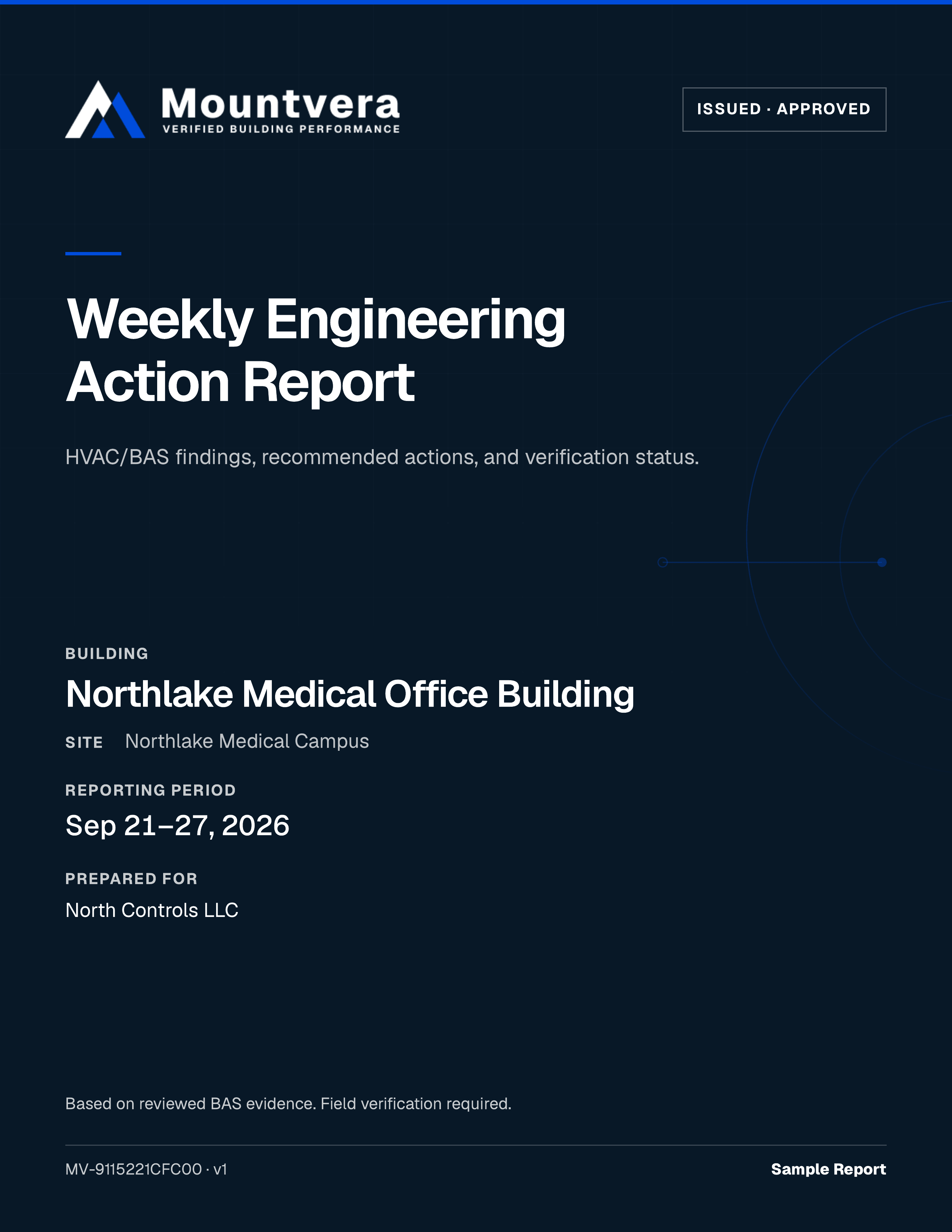 Full cover of the sample Weekly Engineering Action Report for Northlake Medical Office Building.