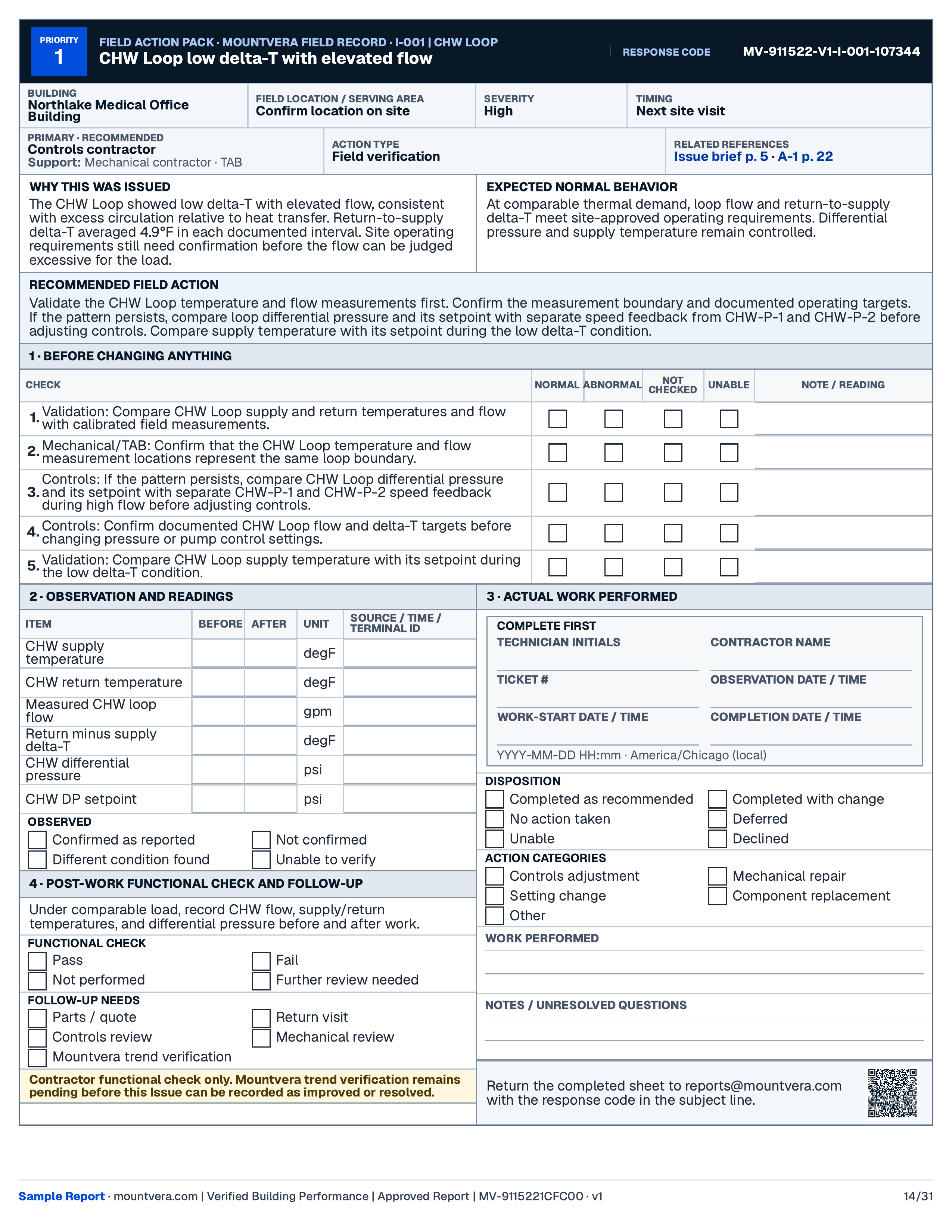Full chilled-water field worksheet with technician checks, measurements, work performed, and follow-up needs.